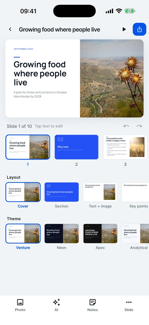 The editor on iPhone: the slide, the slide strip, layout and theme rows, and the Photo, AI, Notes and Slide tools.